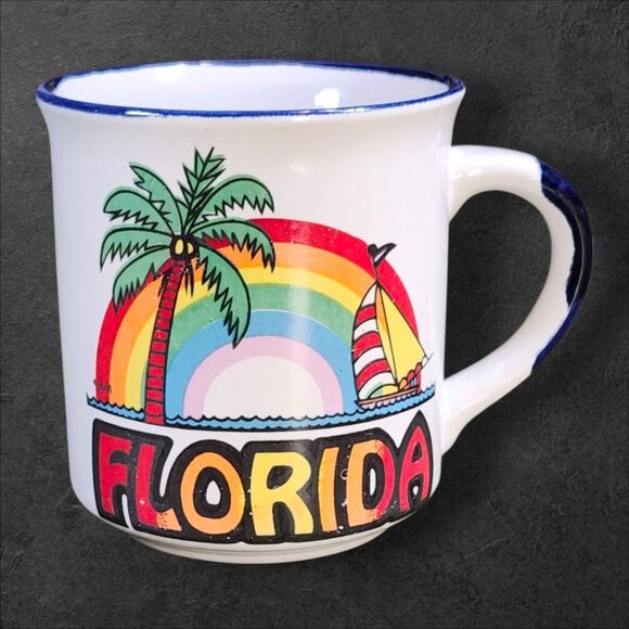 Vintage Florida Souvenir Mug Rainbow Sailboat Palm Tree Coffee Cup Retro - Picture 2 of 9